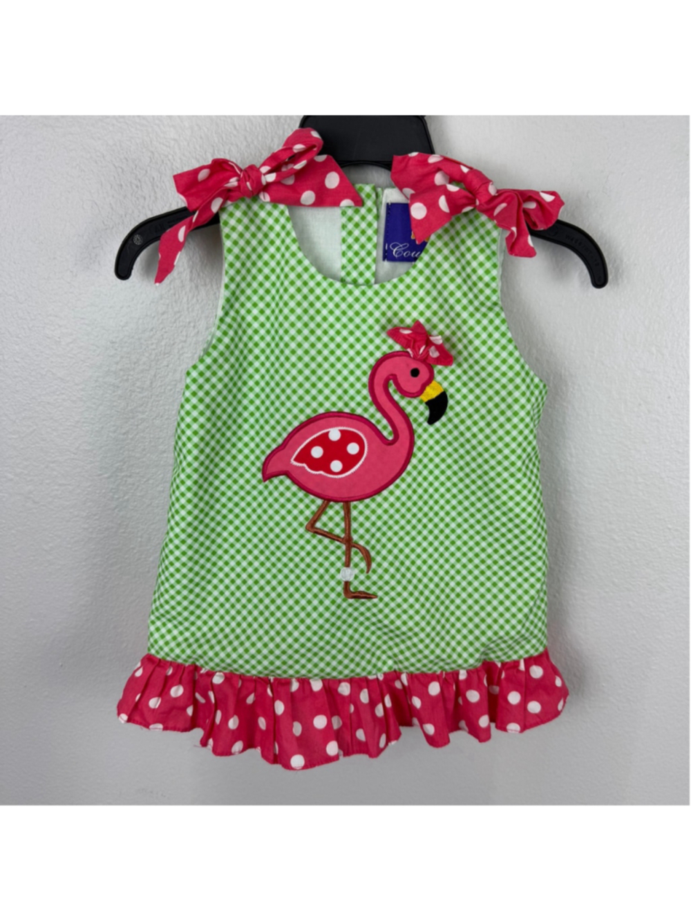 La De Da Coutures Baby Girls 6M Green Gigham Flamingo Polka Dot Bow Jumper Dress